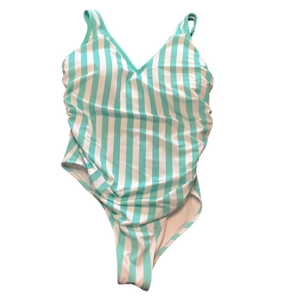 Kona Sol Womens 24W One Piece Swimsuit Turquoise White Striped V-Neck Padded NEW